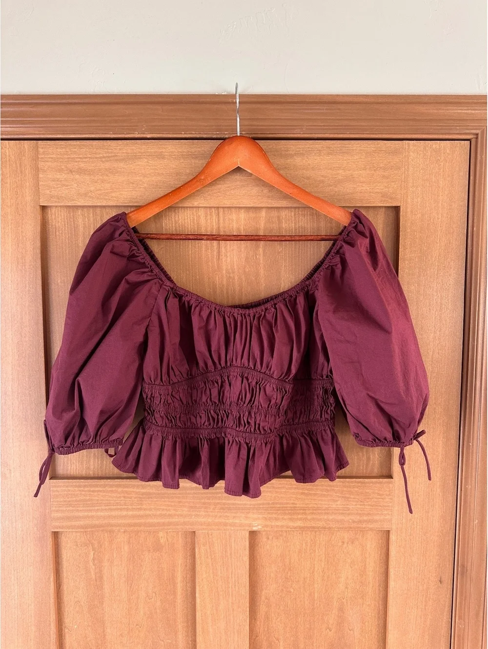 STAUD Faye Gathered Puff-Sleeve Crop Top Cotton in Plum Women’s size XL